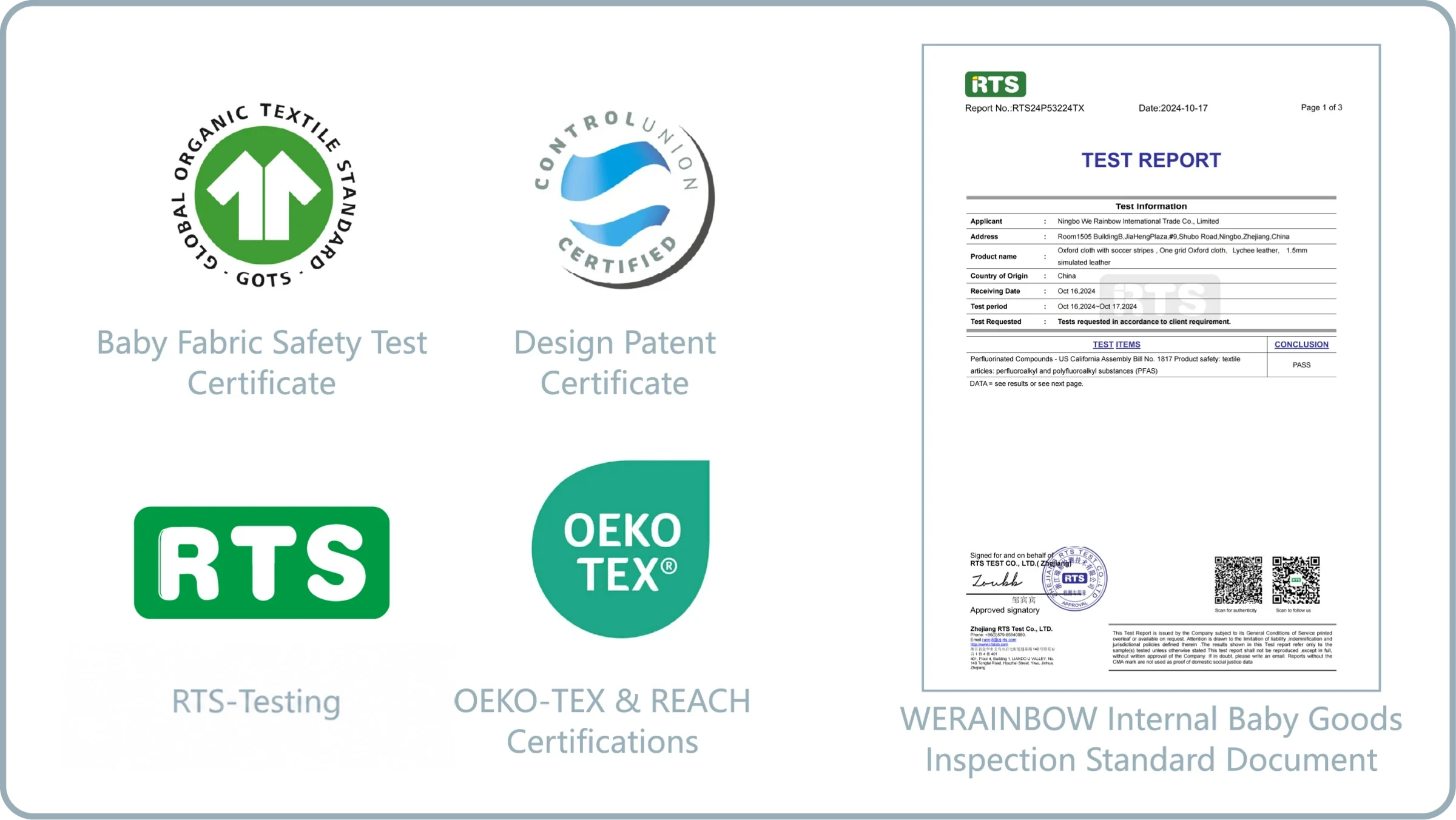 WERAINBOW GOTS, OEKO-TEX, RTS and product test certifications